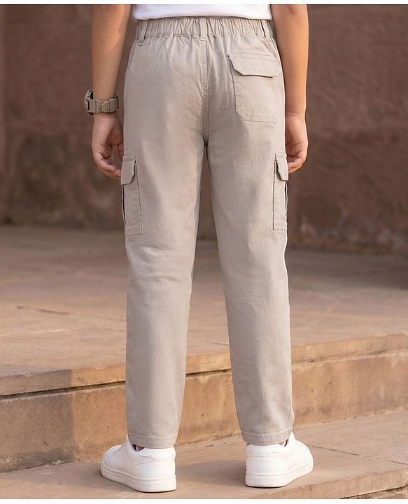 Pine Kids Cotton Elastane Woven Full Length Solid Trouser - Beige