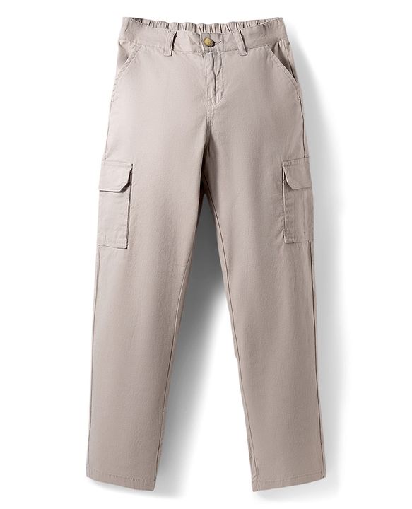 Pine Kids Cotton Elastane Woven Full Length Solid Trouser - Beige