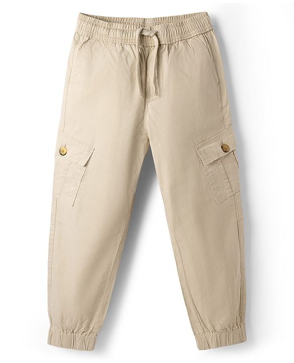 Pine Kids Woven Full Length Solid Trouser With Cargo Pockets - Beige