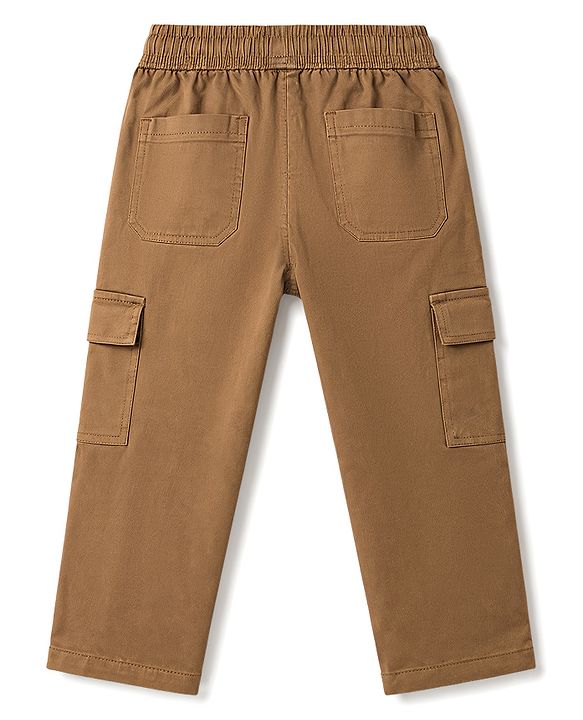 Pine Kids Cotton Elastane Woven Full Length Solid Trouser With Cargo Pockets - Brown