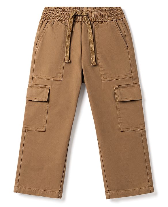 Pine Kids Cotton Elastane Woven Full Length Solid Trouser With Cargo Pockets - Brown
