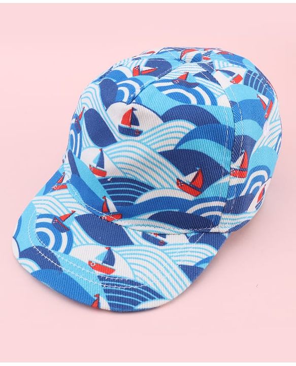 Babyhug Twill 100% Cotton Woven Baseball Cap With Ship Print Blue - Diameter 21 cm