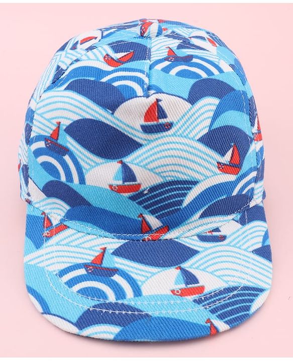 Babyhug Twill 100% Cotton Woven Baseball Cap With Ship Print Blue - Diameter 21 cm