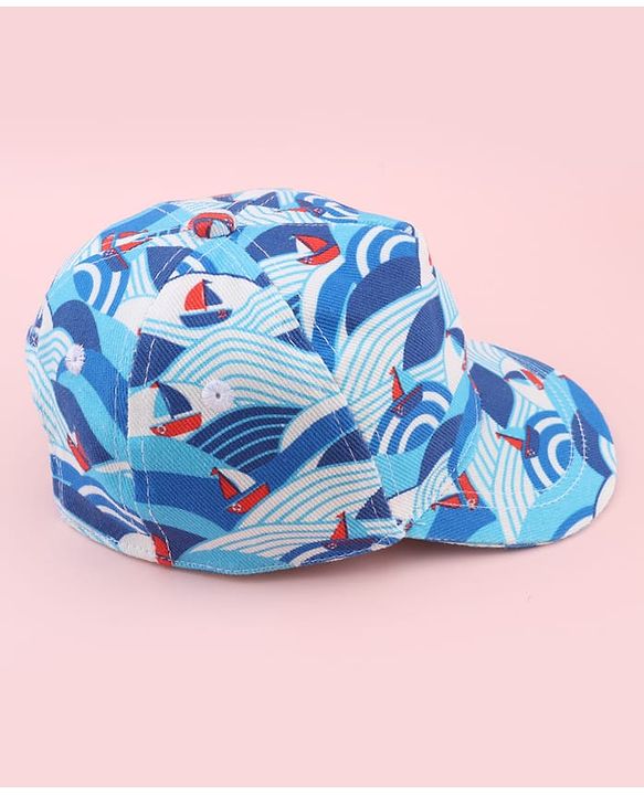 Babyhug Twill 100% Cotton Woven Baseball Cap With Ship Print Blue - Diameter 21 cm