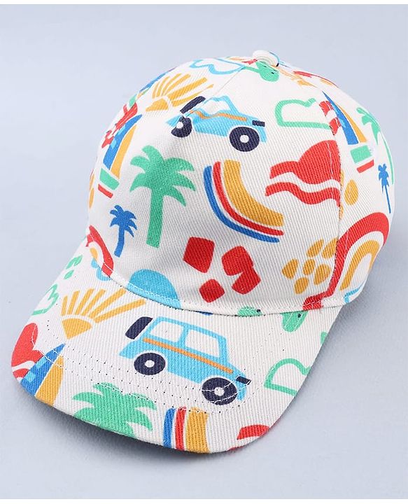 Babyhug Twill 100% Cotton Woven Baseball Cap With Vehicle Print White - Diameter 13.5 cm