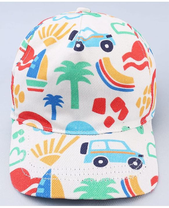 Babyhug Twill 100% Cotton Woven Baseball Cap With Vehicle Print White - Diameter 13.5 cm