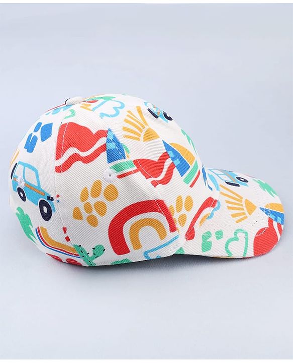Babyhug Twill 100% Cotton Woven Baseball Cap With Vehicle Print White - Diameter 13.5 cm