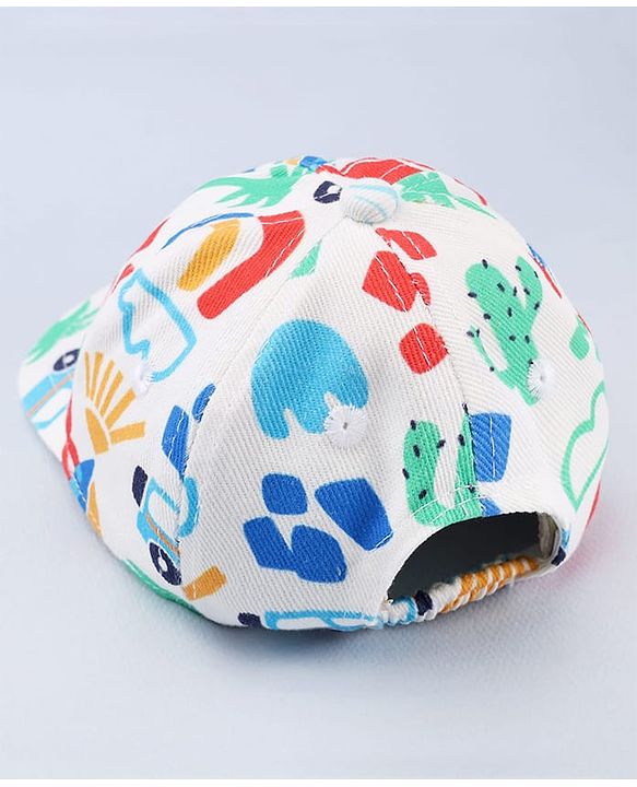 Babyhug Twill 100% Cotton Woven Baseball Cap With Vehicle Print White - Diameter 13.5 cm