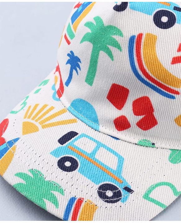 Babyhug Twill 100% Cotton Woven Baseball Cap With Vehicle Print White - Diameter 13.5 cm