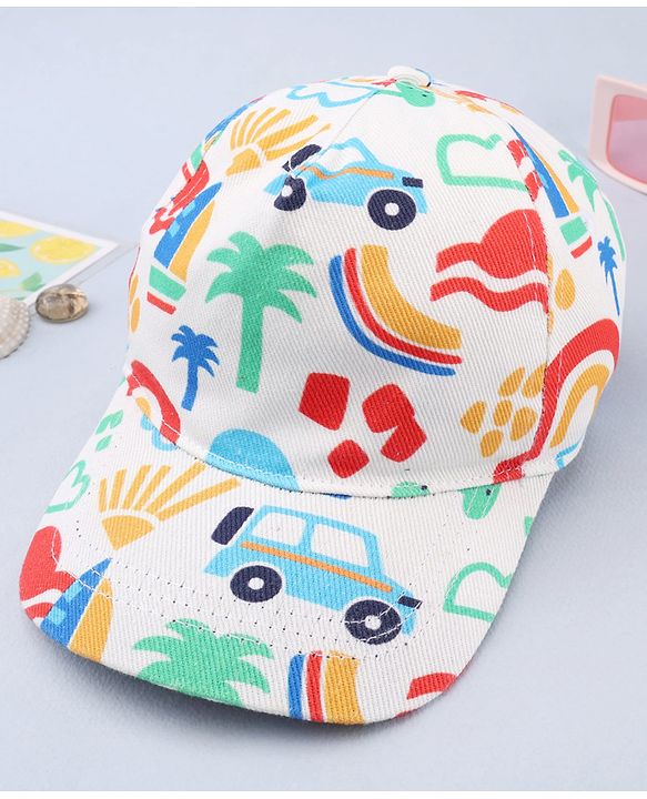 Babyhug Twill 100% Cotton Woven Baseball Cap With Vehicle Print White - Diameter 13.5 cm