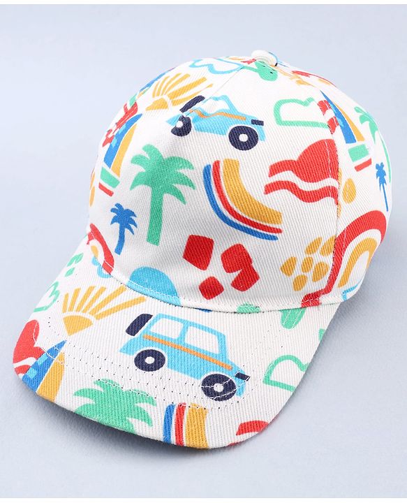 Babyhug Twill 100% Cotton Woven Baseball Cap With Vehicle Print White - Diameter 13.5 cm