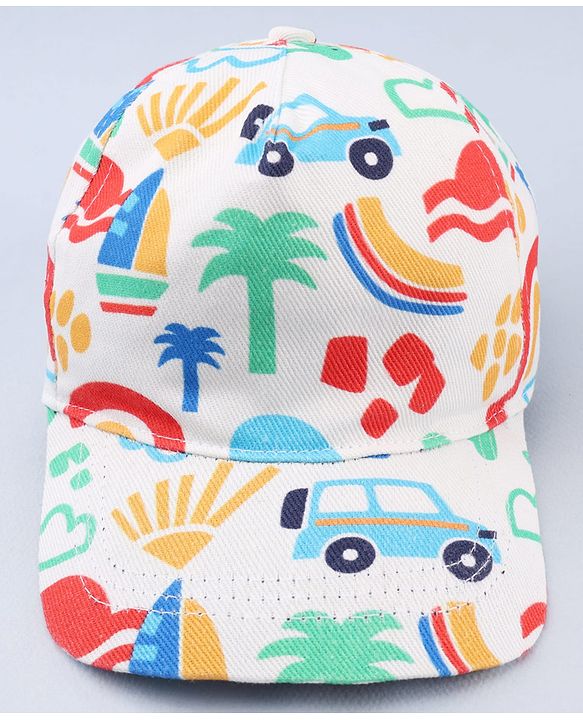 Babyhug Twill 100% Cotton Woven Baseball Cap With Vehicle Print White - Diameter 13.5 cm
