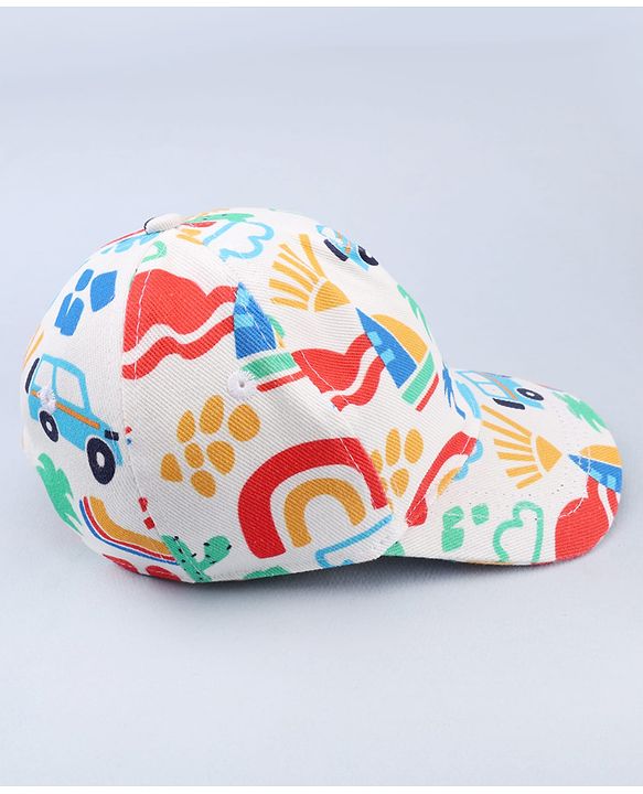 Babyhug Twill 100% Cotton Woven Baseball Cap With Vehicle Print White - Diameter 13.5 cm