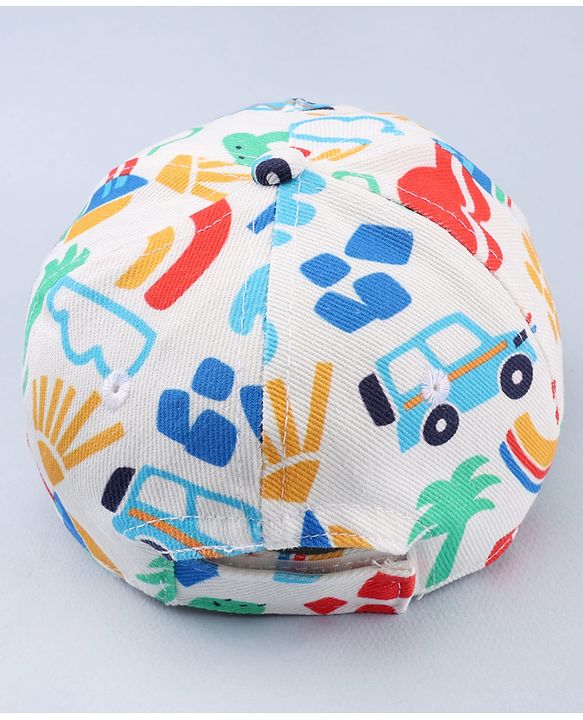 Babyhug Twill 100% Cotton Woven Baseball Cap With Vehicle Print White - Diameter 13.5 cm