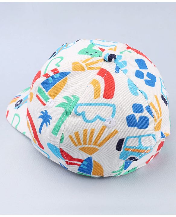 Babyhug Twill 100% Cotton Woven Baseball Cap With Vehicle Print White - Diameter 13.5 cm