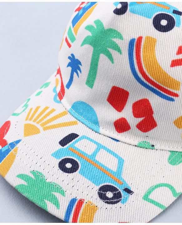 Babyhug Twill 100% Cotton Woven Baseball Cap With Vehicle Print White - Diameter 13.5 cm