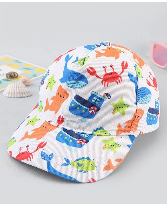 Babyhug Twill 100% Cotton Woven Baseball Cap With Sea Life Print Multicolor - Diameter 19.5 cm