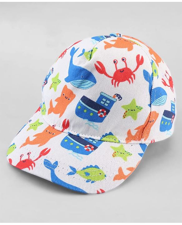 Babyhug Twill 100% Cotton Woven Baseball Cap With Sea Life Print Multicolor - Diameter 19.5 cm