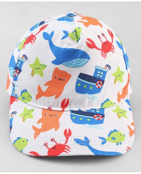 Babyhug Twill 100% Cotton Woven Baseball Cap With Sea Life Print Multicolor - Diameter 19.5 cm
