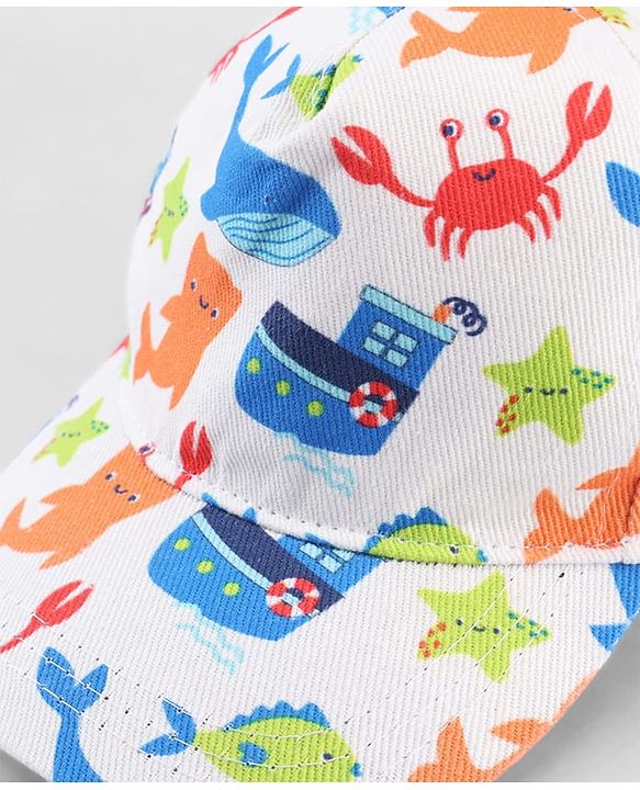 Babyhug Twill 100% Cotton Woven Baseball Cap With Sea Life Print Multicolor - Diameter 19.5 cm