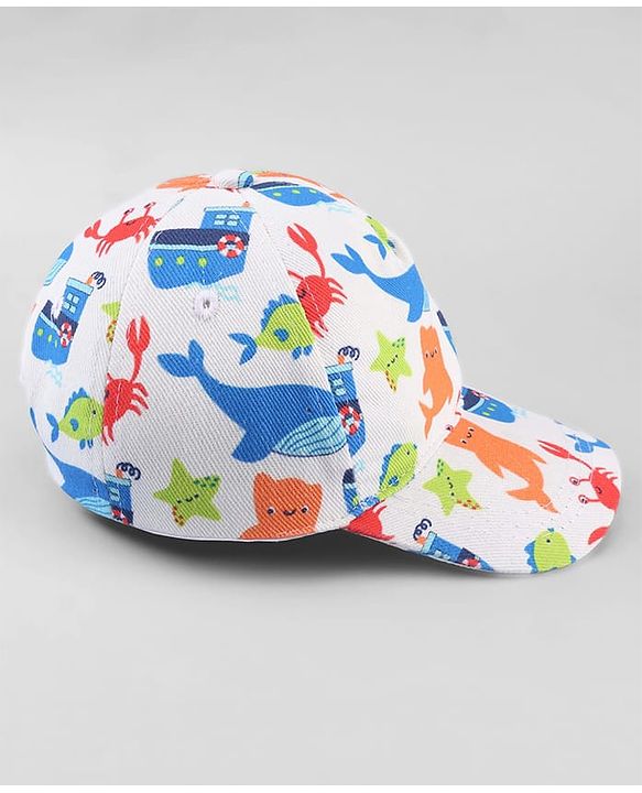 Babyhug Twill 100% Cotton Woven Baseball Cap With Sea Life Print Multicolor - Diameter 19.5 cm