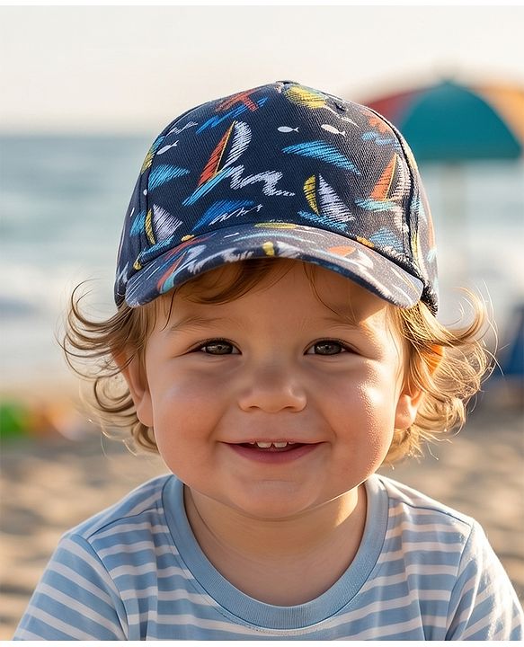 Babyhug Twill 100% Cotton Woven Nautical Theme Printed Baseball Cap Multicolor - Diameter 14.5 cm