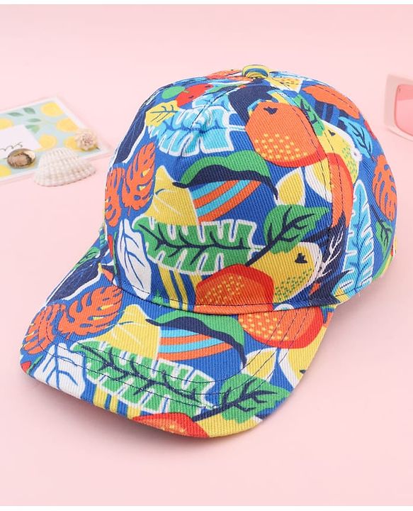 Babyhug Twill 100% Cotton Woven Baseball Cap With Tropical Print Blue - Diameter 19.5 cm