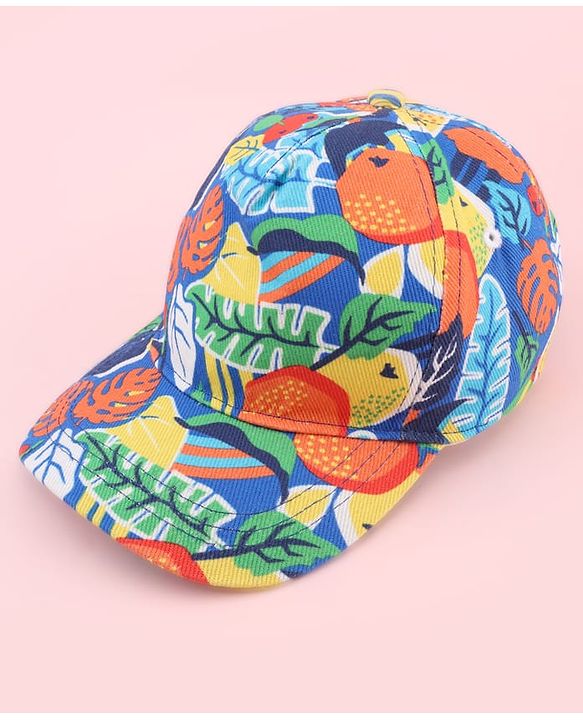 Babyhug Twill 100% Cotton Woven Baseball Cap With Tropical Print Blue - Diameter 19.5 cm