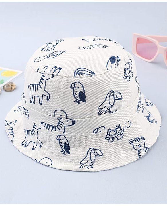 Babyhug Twill Woven Bucket Cap With Animal Print White - Diameter 20.5 cm