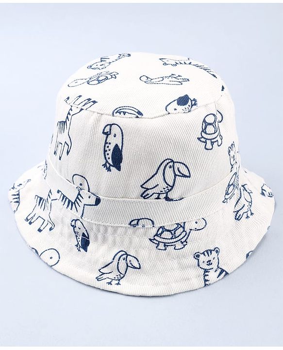 Babyhug Twill Woven Bucket Cap With Animal Print White - Diameter 20.5 cm