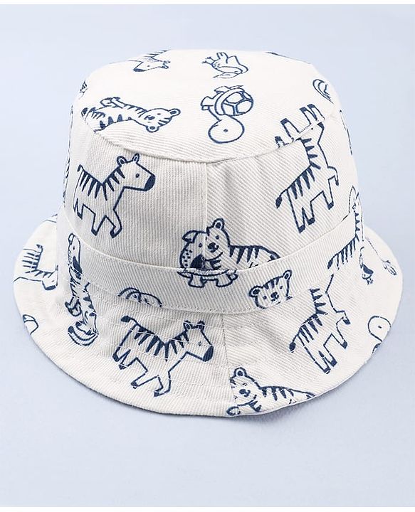 Babyhug Twill Woven Bucket Cap With Animal Print White - Diameter 20.5 cm
