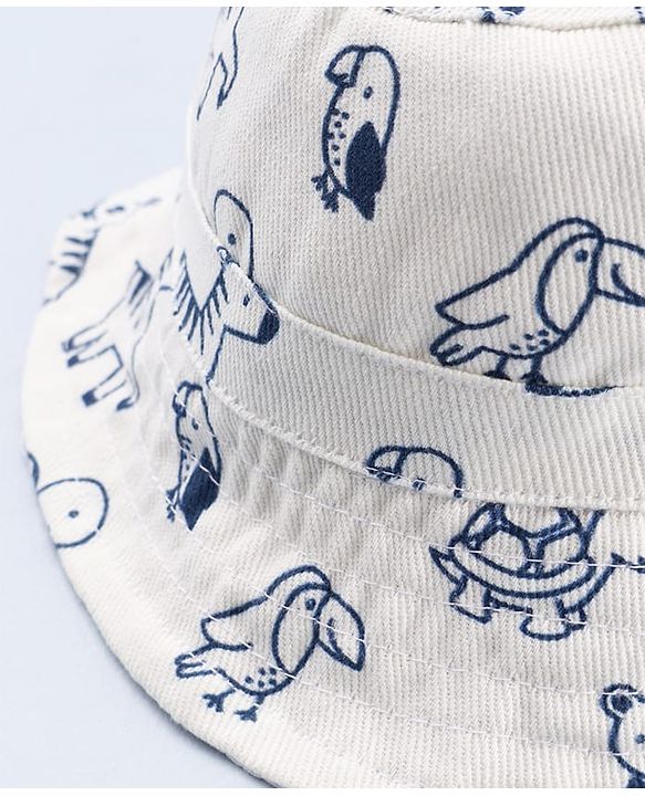 Babyhug Twill Woven Bucket Cap With Animal Print White - Diameter 20.5 cm