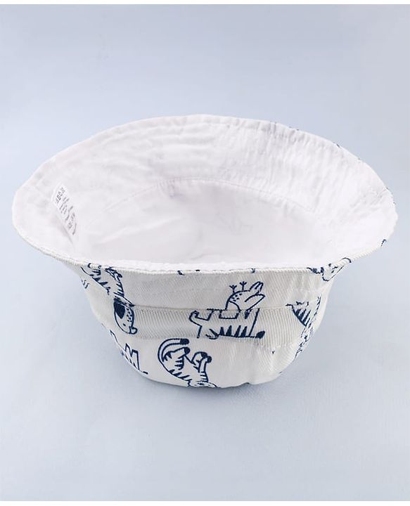 Babyhug Twill Woven Bucket Cap With Animal Print White - Diameter 20.5 cm