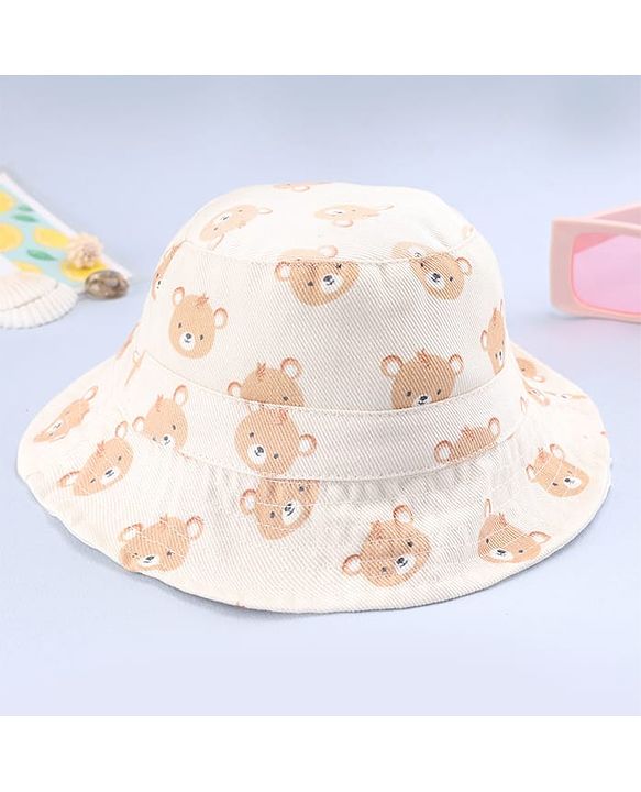 Babyhug Twill Woven Bucket Hat with Teddy Print Cream - Diameter 16 cm