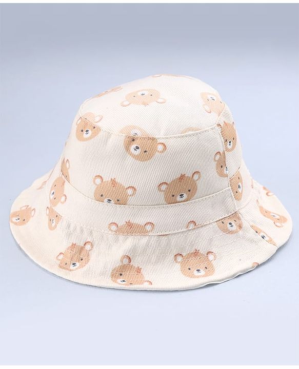 Babyhug Twill Woven Bucket Hat with Teddy Print Cream - Diameter 16 cm