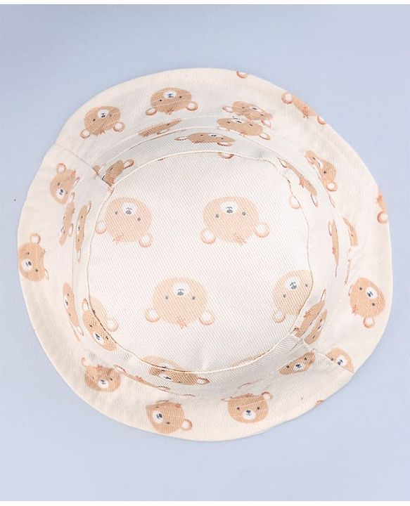 Babyhug Twill Woven Bucket Hat with Teddy Print Cream - Diameter 16 cm