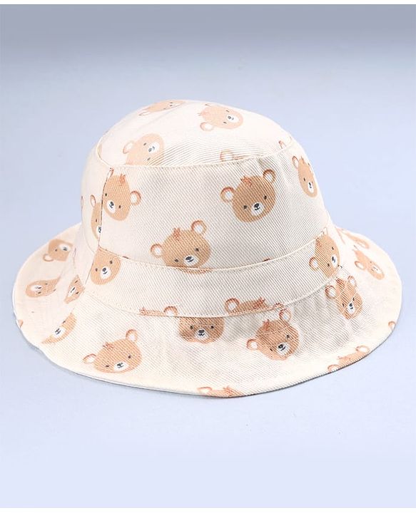Babyhug Twill Woven Bucket Hat with Teddy Print Cream - Diameter 16 cm