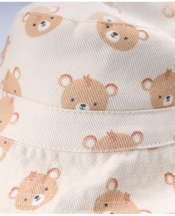 Babyhug Twill Woven Bucket Hat with Teddy Print Cream - Diameter 16 cm
