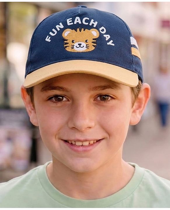 Babyhug Twill 100% Cotton Woven Baseball Cap With Text & Animal Embroidery Navy Blue - Diameter 14.5 cm