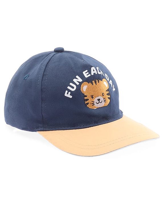 Babyhug Twill 100% Cotton Woven Baseball Cap With Text & Animal Embroidery Navy Blue - Diameter 14.5 cm