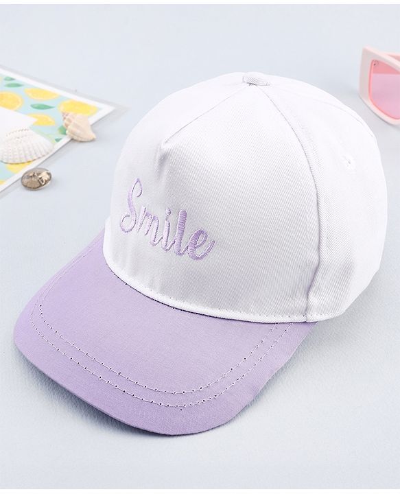 Babyhug Twill 100% Cotton Woven Smile Embroidered Baseball Cap White & Purple - Diameter 20 cm