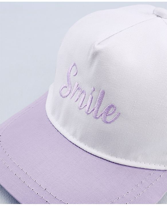 Babyhug Twill 100% Cotton Woven Smile Embroidered Baseball Cap White & Purple - Diameter 20 cm
