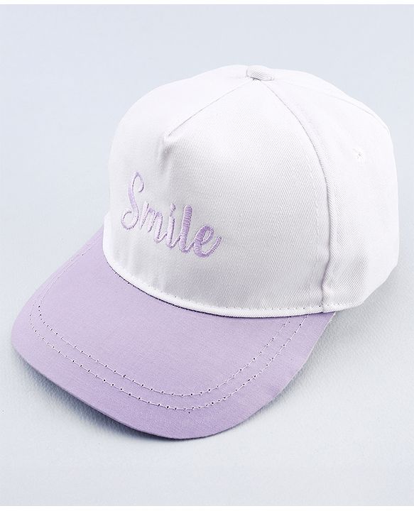 Babyhug Twill 100% Cotton Woven Smile Embroidered Baseball Cap White & Purple - Diameter 20 cm