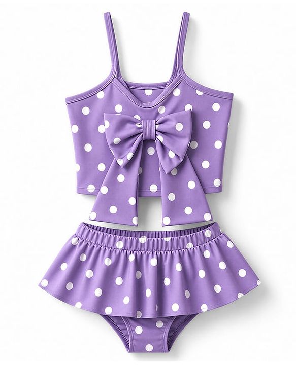 Babyhug Water Repellant Sleeveless Two Piece Swimsuit With Polka Dot & Bow Applique - Lavender