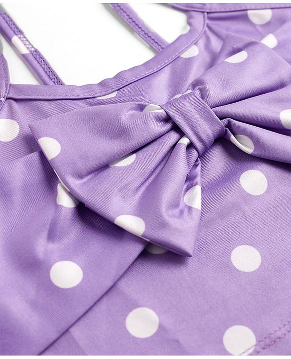 Babyhug Water Repellant Sleeveless Two Piece Swimsuit With Polka Dot & Bow Applique - Lavender