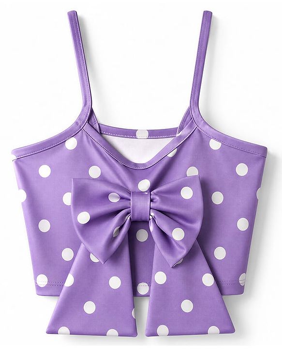 Babyhug Water Repellant Sleeveless Two Piece Swimsuit With Polka Dot & Bow Applique - Lavender