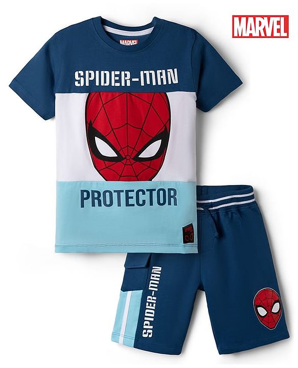 Pine Kids Marvel Single Jersey Knit Half Sleeves T-Shirt & Shorts With Spider-Man Graphic - Blue