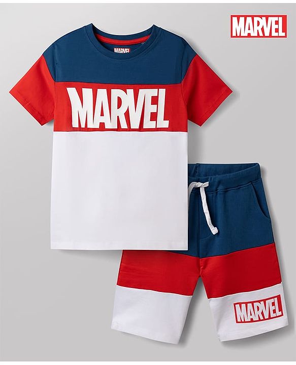 Pine Kids Marvel Single Jersey Knit Half Sleeves T-Shirt and Shorts with Marvel Graphics-  White & Navy