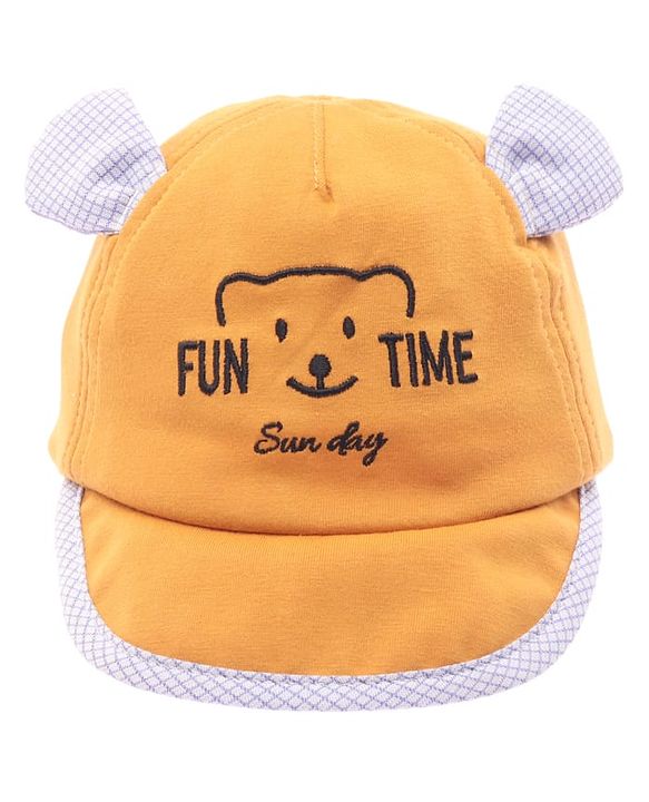 Babyhug Cotton Woven Summer Cap with Ear Text & Bear Embroidery Mustard - Diameter 15 cm