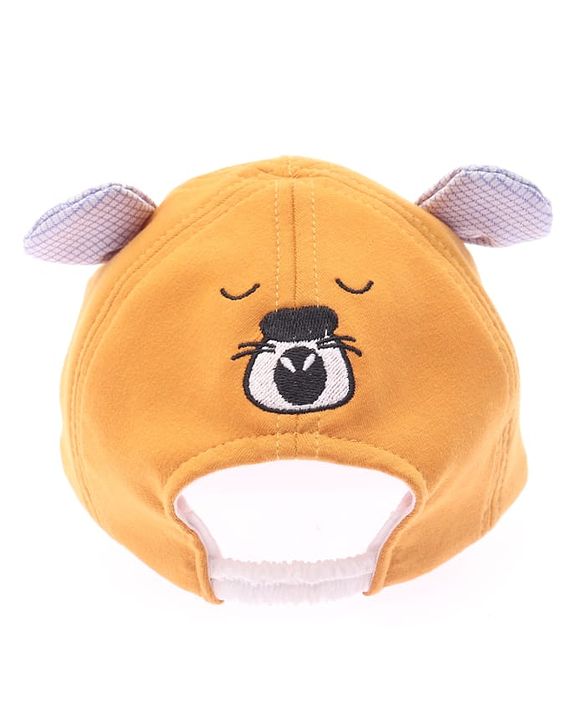 Babyhug Cotton Woven Summer Cap with Ear Text & Bear Embroidery Mustard - Diameter 15 cm